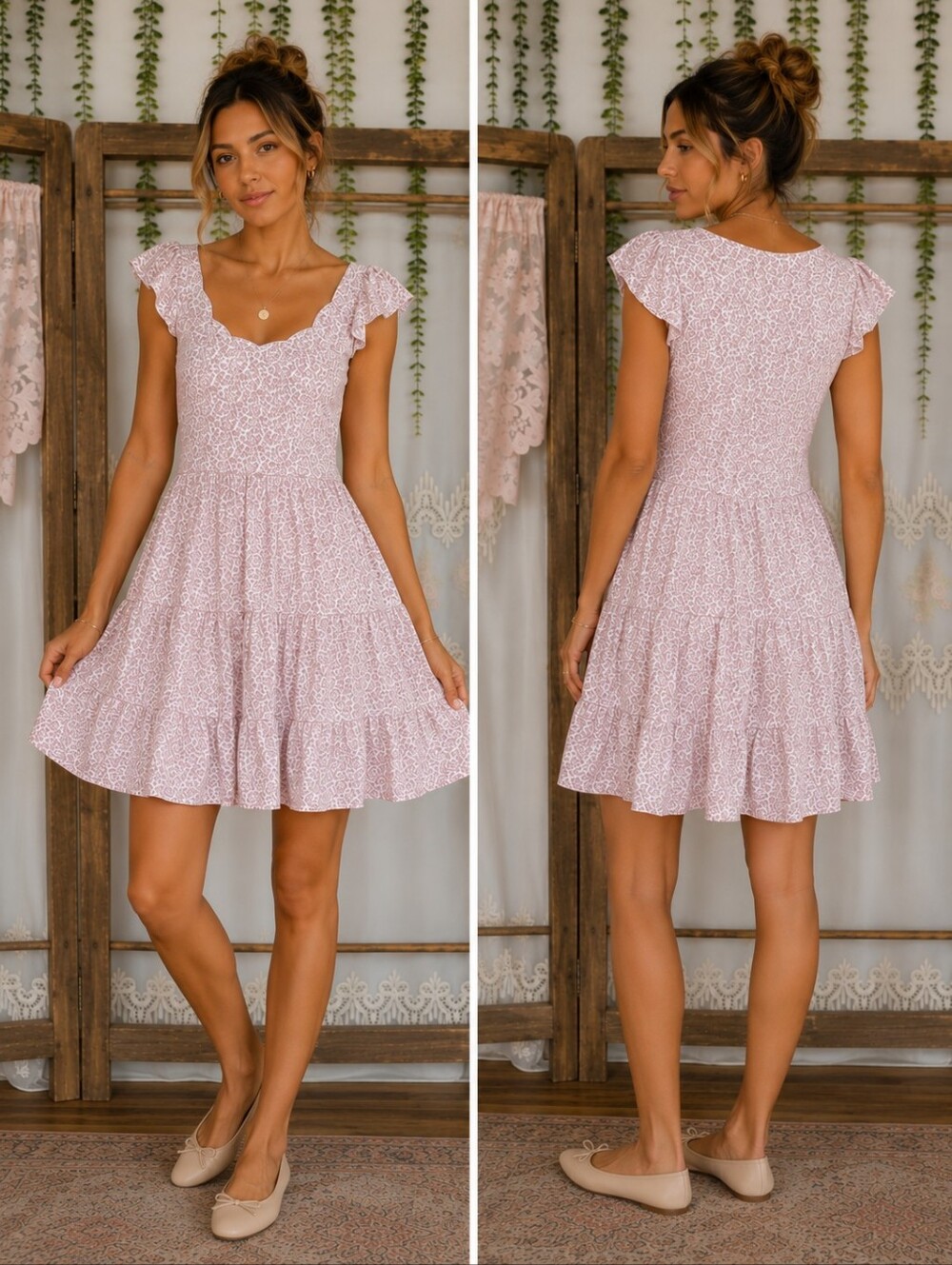 Monteau Los Angeles Pink Floral Sweetheart Tiered Mini Dress Cottagecore Prairie